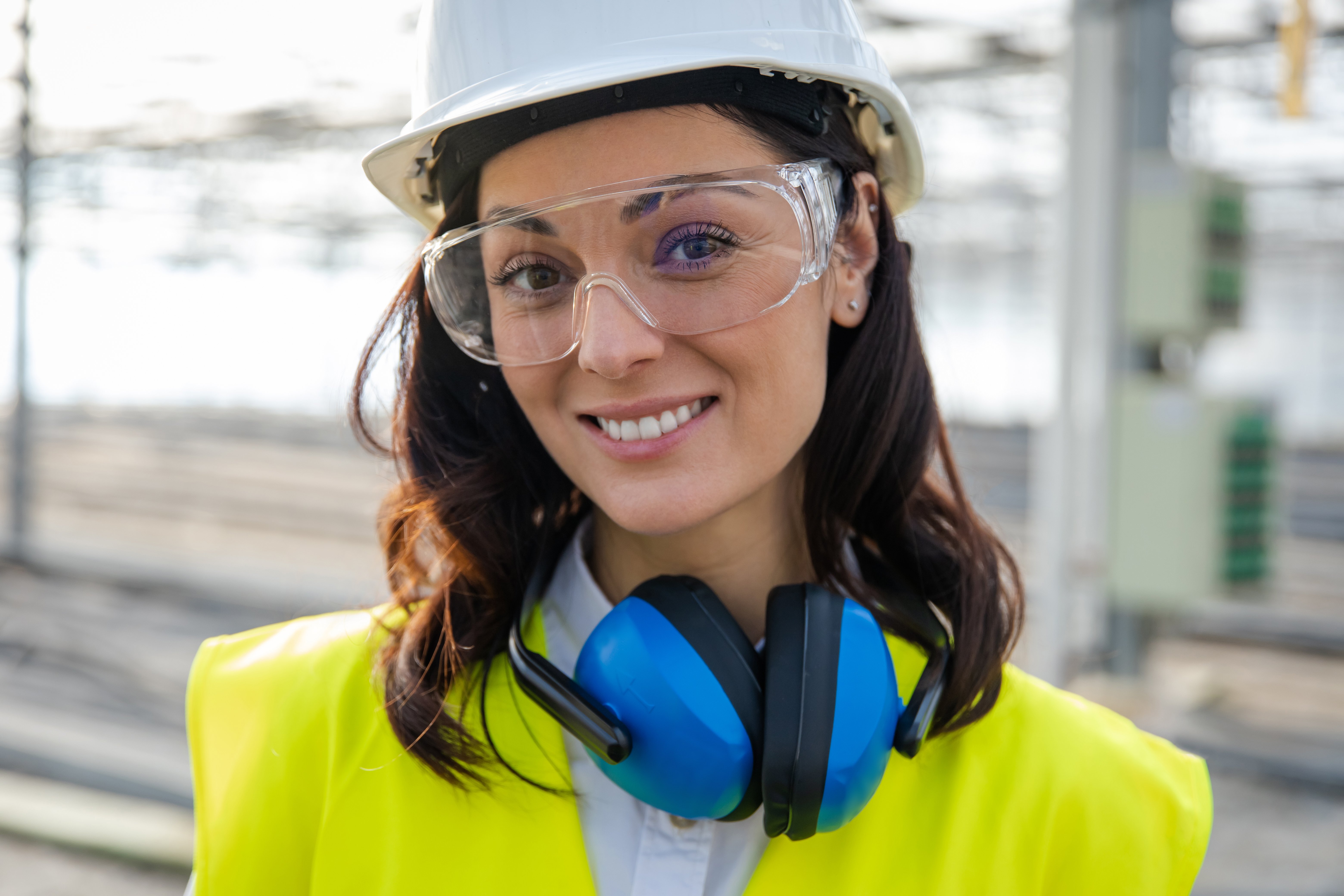 woman white helmet safety 